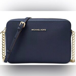 Michael Kors Jet Set Large Saffiano Leather Crossbody Bag Navy Blue
